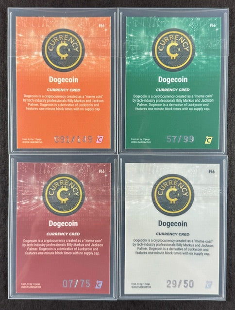 Cardsmiths Series 4 – Dogecoin #66 – Emerald 57/99, Garnet 07/75, Silver 29/50, Beryl 091/149 (4-Card Bundle)