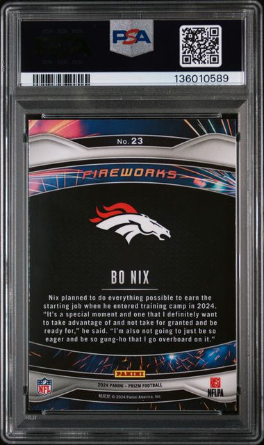 2024 Panini Prizm Football – Bo Nix #23 – Fireworks Rookie – PSA 8