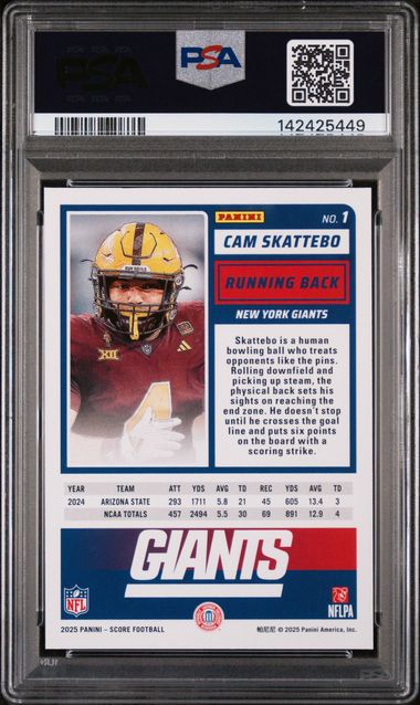 2025 Panini Score – Cam Skattebo #1 – Rookie Red Parallel – PSA 9