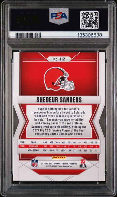 2025 Panini Donruss Elite Football – Shedeur Sanders #112 – Status Metallic Orange 080/849 – PSA 10