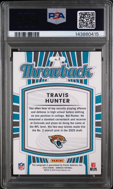 2025 Donruss – Travis Hunter #3 – Rated Rookie Throwback Auto 42/49 PSA 9