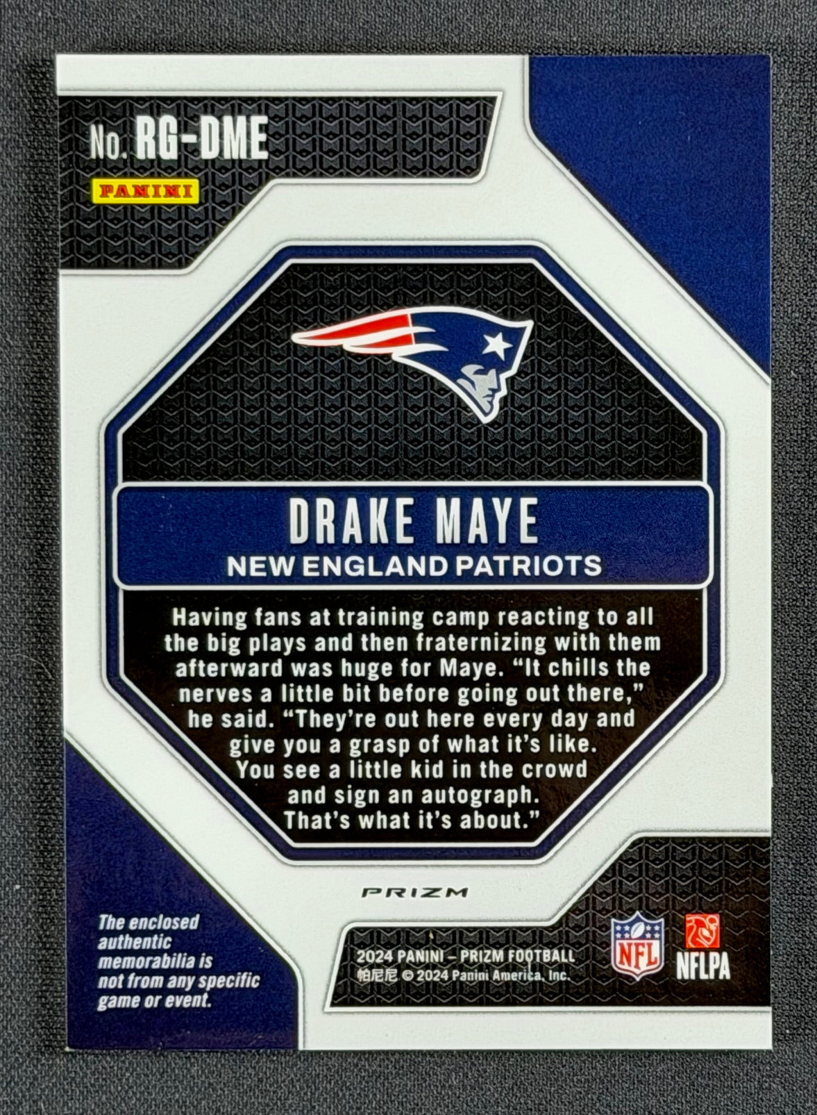 2024 Panini Prizm Football – Drake Maye Rookie Gear Patch RC – New England Patriots