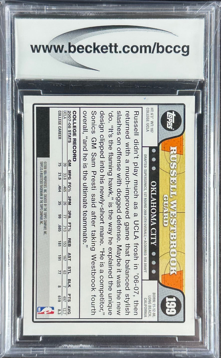 2008-09 Topps – Russell Westbrook #199 – Rookie – BCCG 10