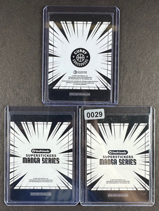 VeeFriends Super Stickers – Rare Robot 3-Card Bundle – Purple Splash /55 + Manga Clouds /399 + Curry Crossover