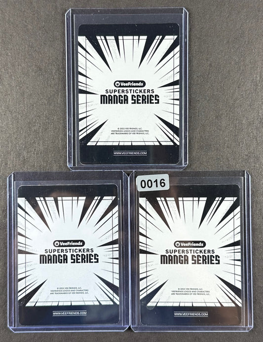 VeeFriends Super Stickers – Benevolent Barn Owl 3-Card Bundle – Orange Splash /199 + Purple Splash /55 + Manga Clouds /399