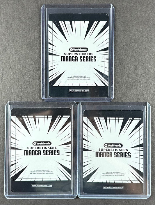 VeeFriends Super Stickers – Headstrong Honey Badger 3-Card Bundle – Purple Splash /55 + Orange Splash /199 + Manga Clouds /299