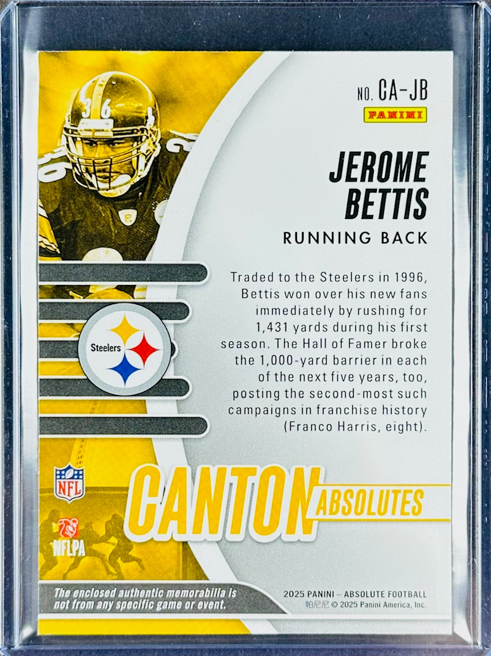 2025 Panini Absolute – Jerome Bettis – Canton Absolutes #CA-JB – Patch – 058/115 – Steelers – Hall of Fame