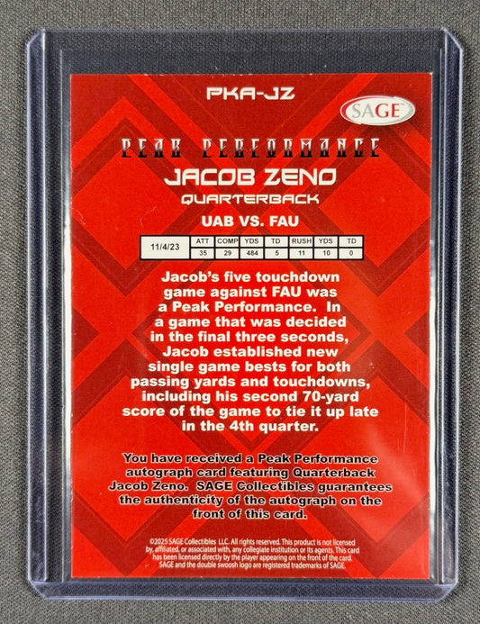 2025 SAGE Peak Performance Jacob Zeno Auto – UAB Blazers – On Card Autograph