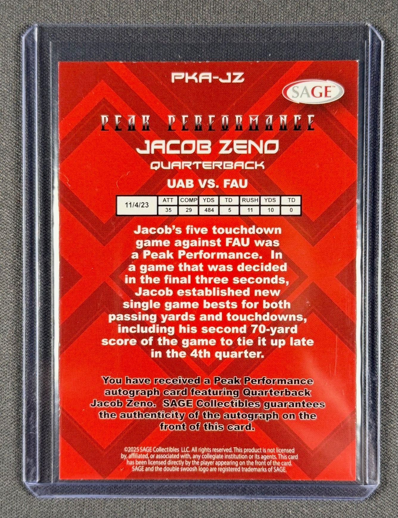 2025 SAGE Peak Performance Jacob Zeno Auto – UAB Blazers – On Card Autograph