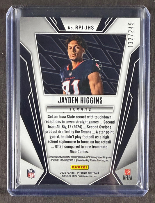 2025 Panini Phoenix Jayden Higgins Rookie Phenom RPA Patch Auto RC /249 Texans