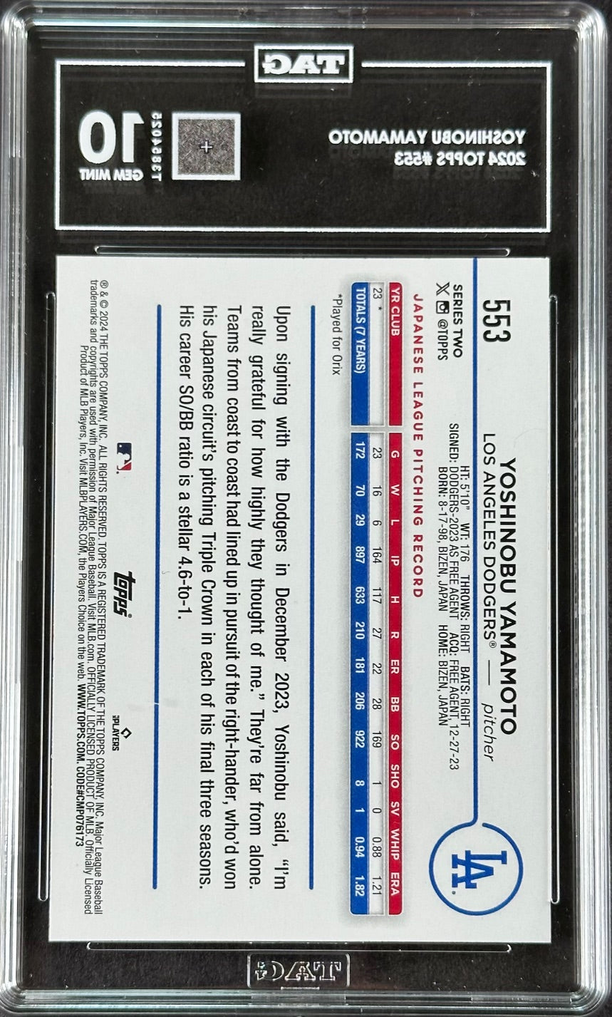 2024 Topps #553 Yoshinobu Yamamoto — Los Angeles Dodgers (TAG Graded Gem Mint 10)
