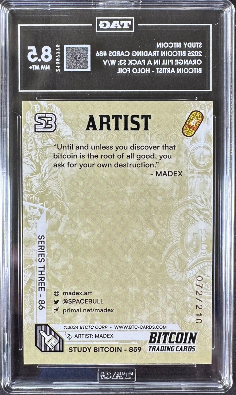 2025 Bitcoin Trading Cards – Study Bitcoin Holo Foil – TAG 8.5 NM-MT+ – 072/210