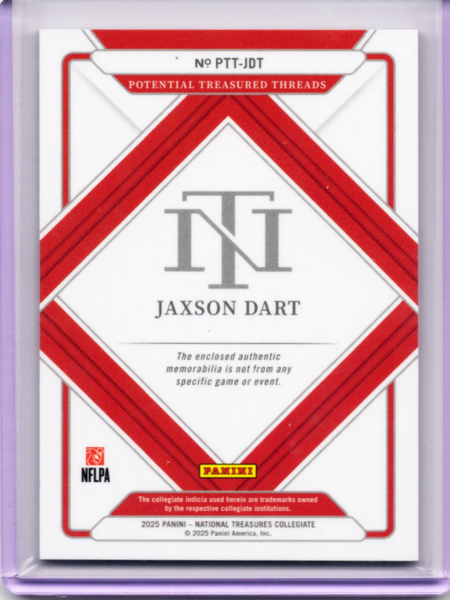 2025 Panini National Treasures Collegiate Jaxson Dart Rookie Patch #PTT-JDT – Ole Miss Rebels – 05/25