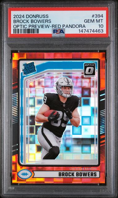 2024 Donruss Optic Preview – Brock Bowers Red Pandora #394 RC – PSA 10
