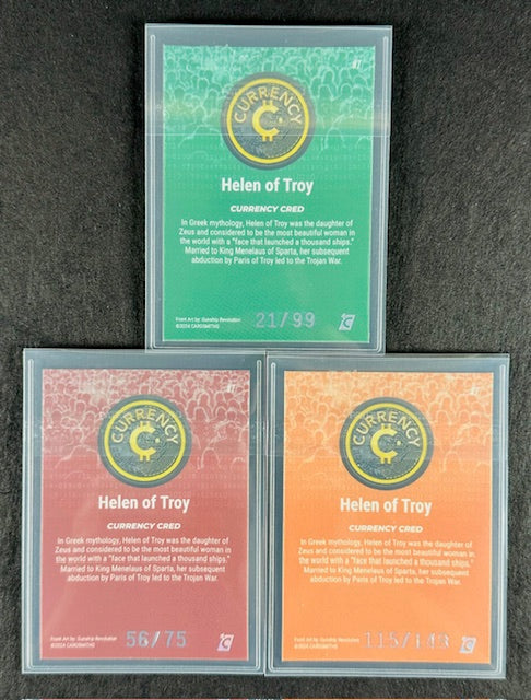 Cardsmiths Series 4 – Helen of Troy – Emerald 21/99, Garnet 56/75, Beryl 115/149 (3-Card Bundle)