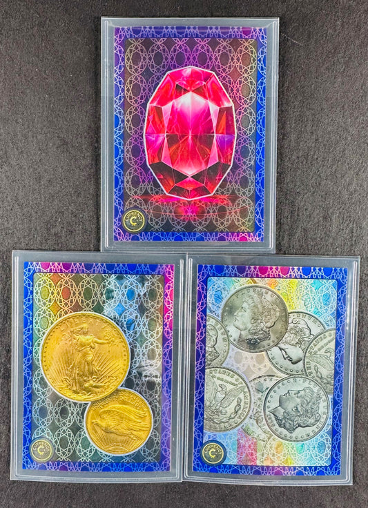 Cardsmiths Series 4 – Ruby #8, Saint-Gaudens $20 Double Eagle #15, Morgan Dollar #64 – 36/49, 36/49, 39/49 (3-Card Amethyst Bundle)