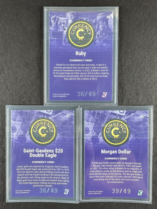 Cardsmiths Series 4 – Ruby #8, Saint-Gaudens $20 Double Eagle #15, Morgan Dollar #64 – 36/49, 36/49, 39/49 (3-Card Amethyst Bundle)