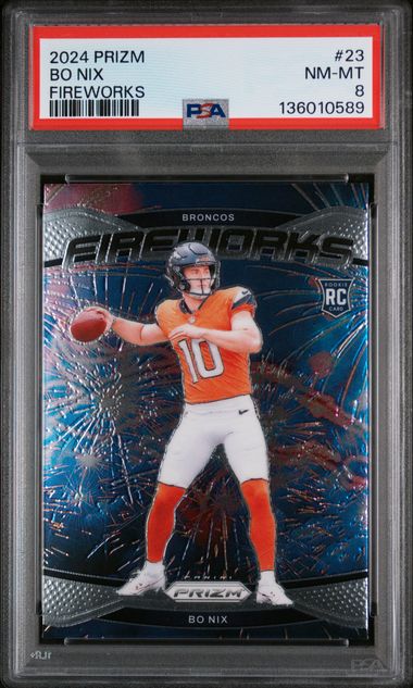 2024 Panini Prizm Football – Bo Nix #23 – Fireworks Rookie – PSA 8