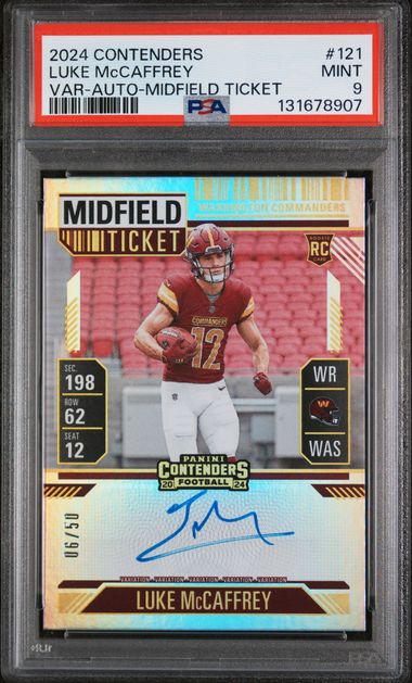 2024 Contenders – Luke McCaffrey #121 – Midfield Ticket Auto – /50 – PSA 9 (131678907)