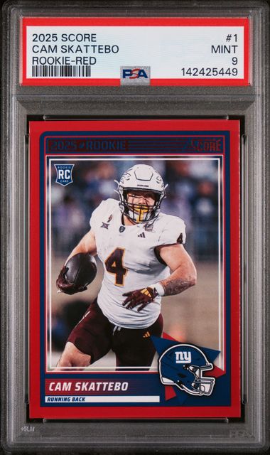 2025 Panini Score – Cam Skattebo #1 – Rookie Red Parallel – PSA 9
