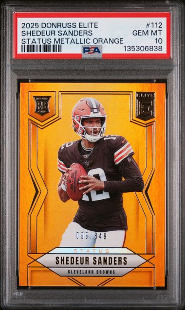 2025 Panini Donruss Elite Football – Shedeur Sanders #112 – Status Metallic Orange 080/849 – PSA 10