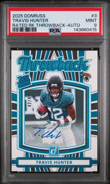 2025 Donruss – Travis Hunter #3 – Rated Rookie Throwback Auto 42/49 PSA 9
