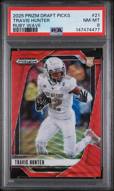 2025 Panini Prizm Draft Picks – Travis Hunter Ruby Wave #21 RC – PSA 8