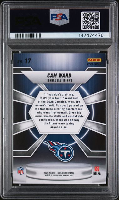 2025 Panini Mosaic – Cam Ward Center Stage Silver #17 RC – PSA 9
