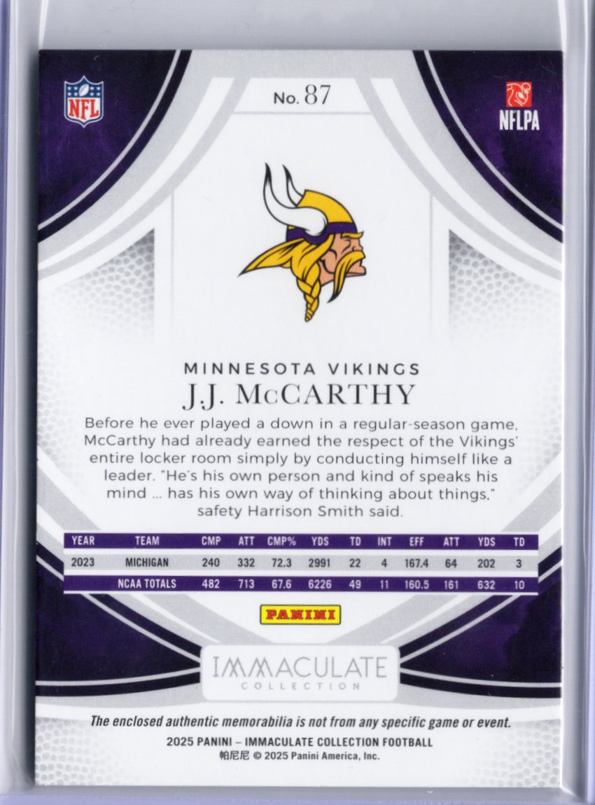 2025 Panini Immaculate Collection Football – J.J. McCarthy – Patch 26/50