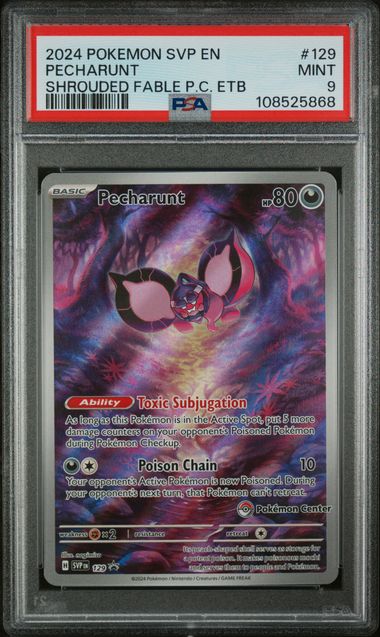 2024 Pokémon SVP English Black Star Promo #129 Pecharunt Shrouded Fable Pokémon Center ETB - PSA 9