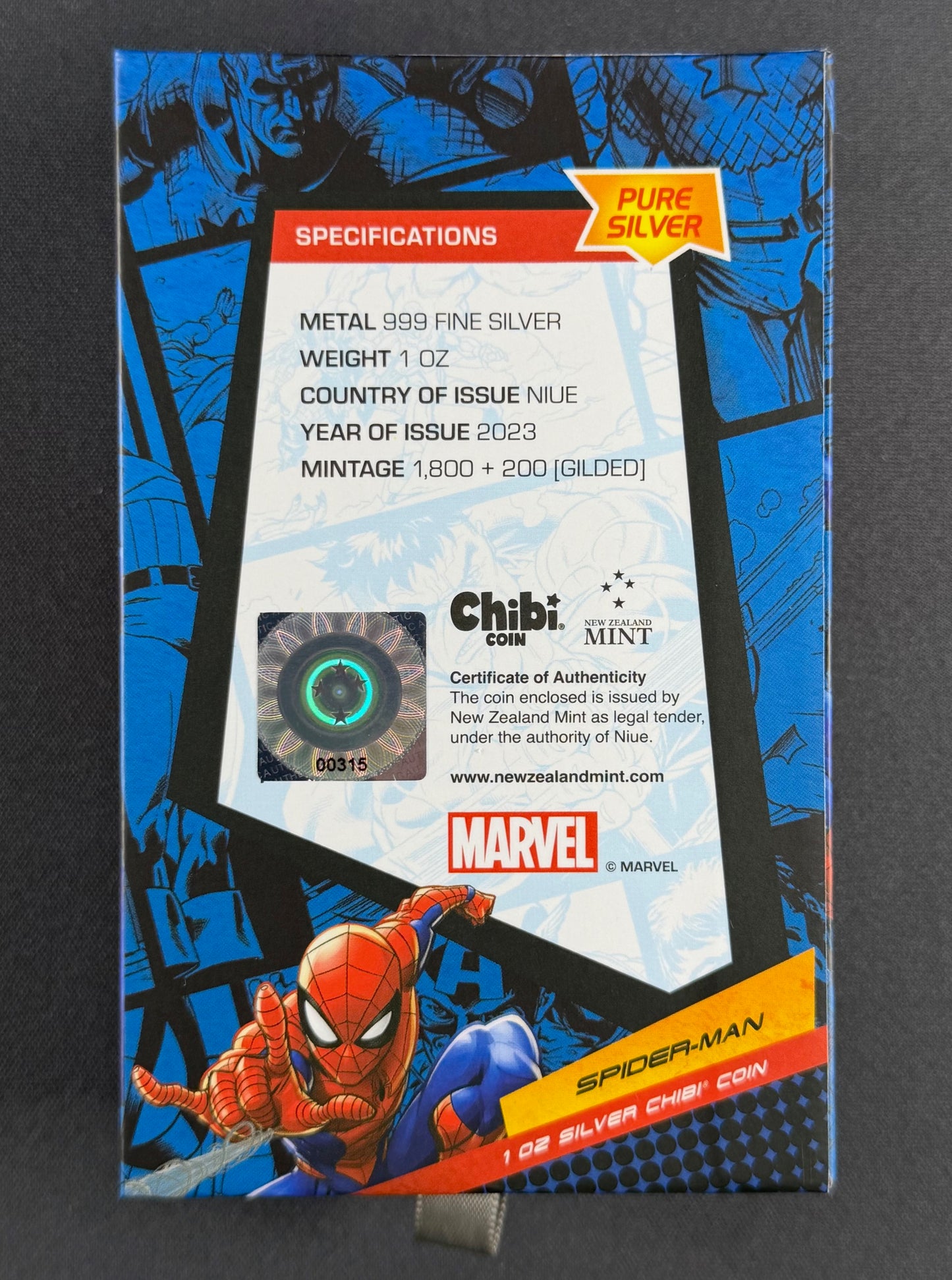 2023 Niue Marvel Spider-Man – 1 oz .999 Fine Silver Chibi® Coin – New Zealand Mint