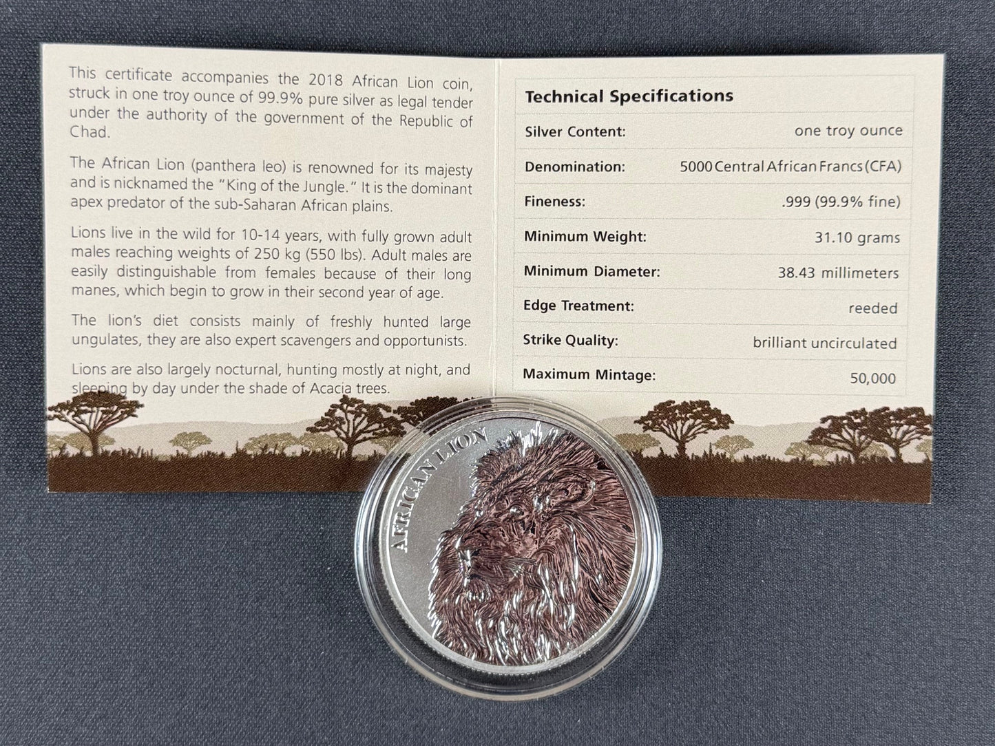 2018 Republic of Chad African Lion – 1 oz .999 Fine Silver BU