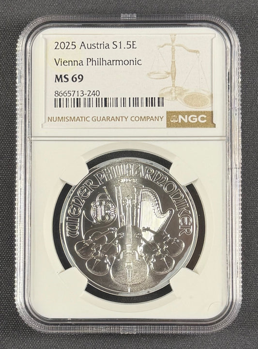 2025 Austria Vienna Philharmonic €1.50 – 1 oz Silver – NGC MS 69
