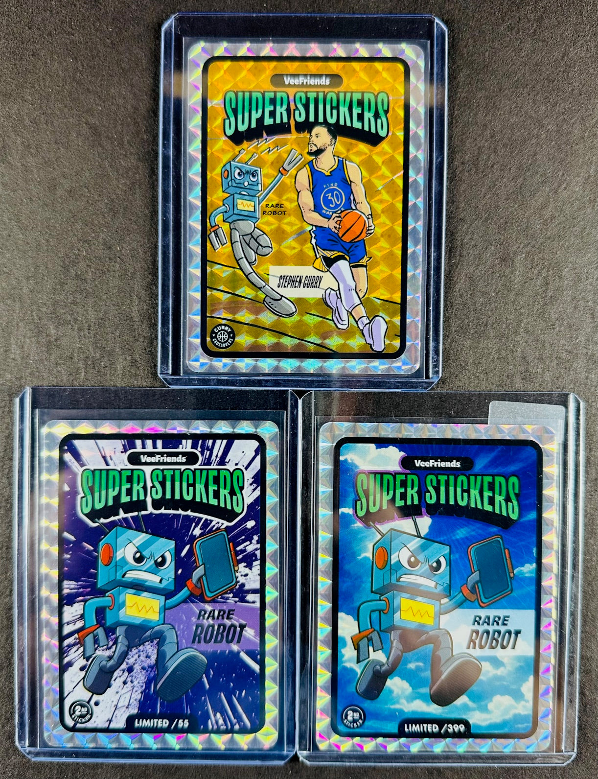 VeeFriends Super Stickers – Rare Robot 3-Card Bundle – Purple Splash /55 + Manga Clouds /399 + Curry Crossover