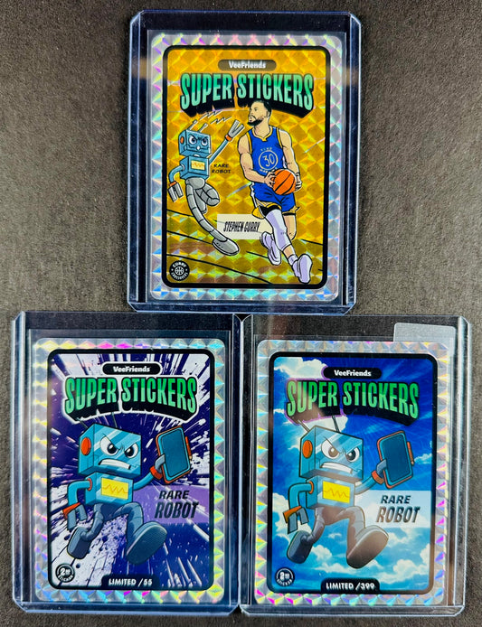 VeeFriends Super Stickers – Rare Robot 3-Card Bundle – Purple Splash /55 + Manga Clouds /399 + Curry Crossover