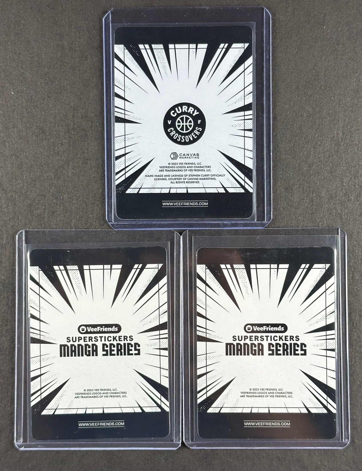 VeeFriends Super Stickers – Competitive Clown 3-Card Bundle – Blue Splash /299 + Manga Clouds /399 + Curry Crossover