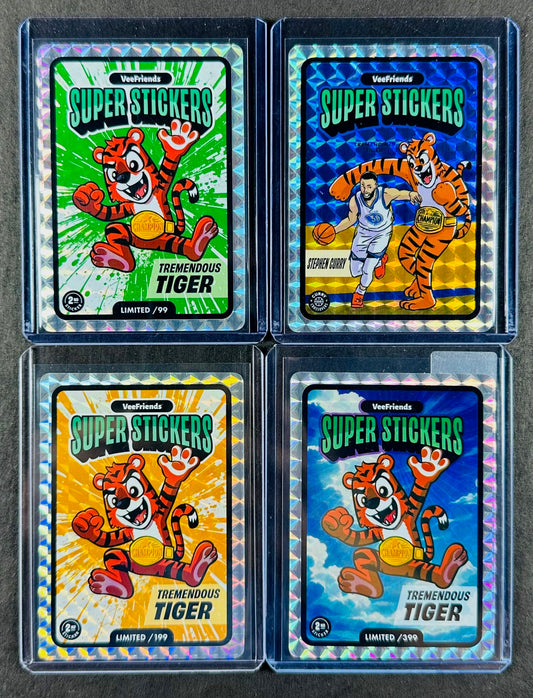VeeFriends Super Stickers – Tremendous Tiger 4-Card Bundle – Green Splash /99 + Orange Splash /199 + Manga Clouds /399 + Curry Crossover