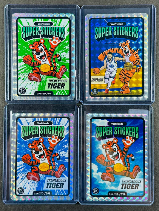 VeeFriends Super Stickers – Tremendous Tiger 4-Card Bundle – Green Splash /99 + Blue Splash /299 + Manga Clouds /399 + Curry Crossover