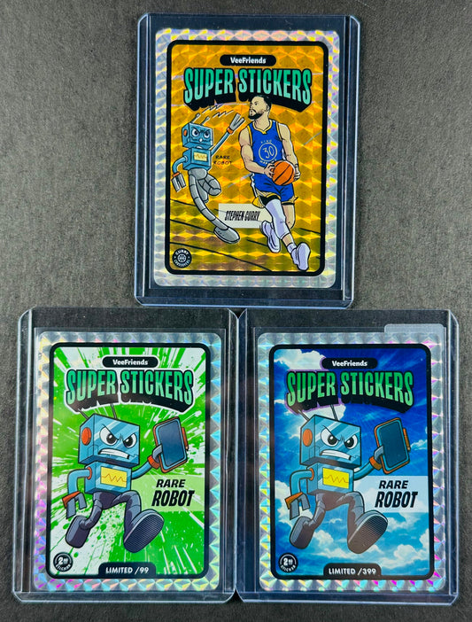 VeeFriends Super Stickers – Rare Robot 3-Card Bundle – Green Splash /99 + Manga Clouds /399 + Curry Crossover