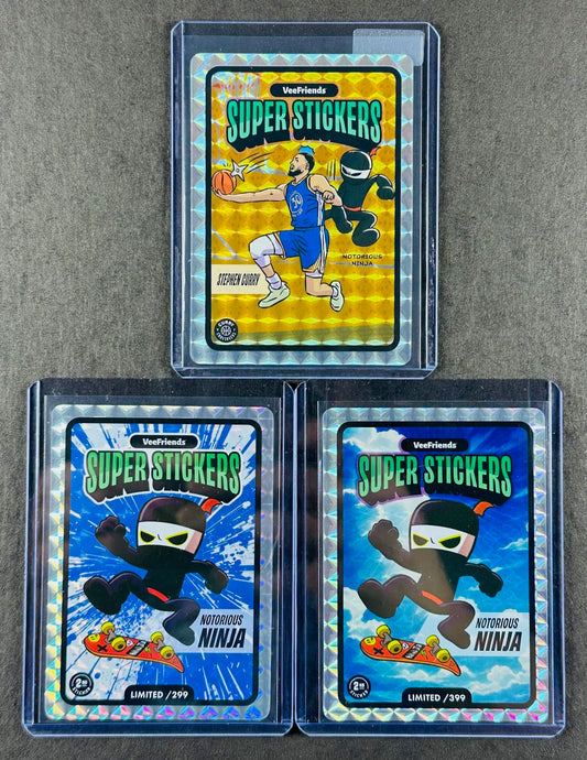 VeeFriends Super Stickers – Notorious Ninja 3-Card Bundle – Blue Splash /299 + Manga Clouds /399 + Curry Crossover