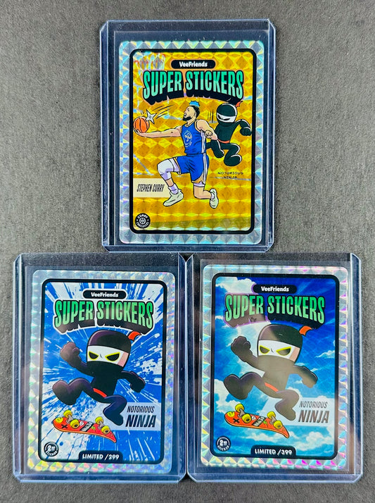VeeFriends Super Stickers – Notorious Ninja 3-Card Bundle – Blue Splash /299 + Manga Clouds /399 + Curry Crossover