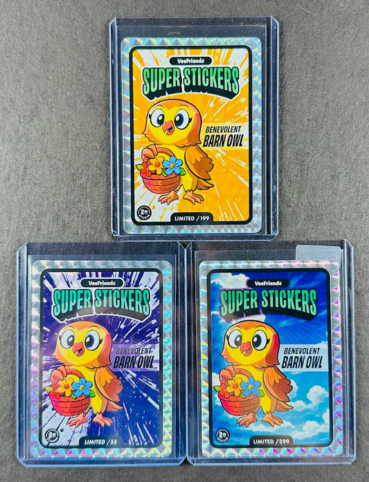 VeeFriends Super Stickers – Benevolent Barn Owl 3-Card Bundle – Orange Splash /199 + Purple Splash /55 + Manga Clouds /399