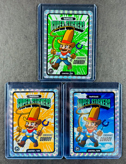 VeeFriends Super Stickers – Considerate Cowboy 3-Card Bundle – Green Splash /99 + Orange Splash /199 + Manga Clouds /399