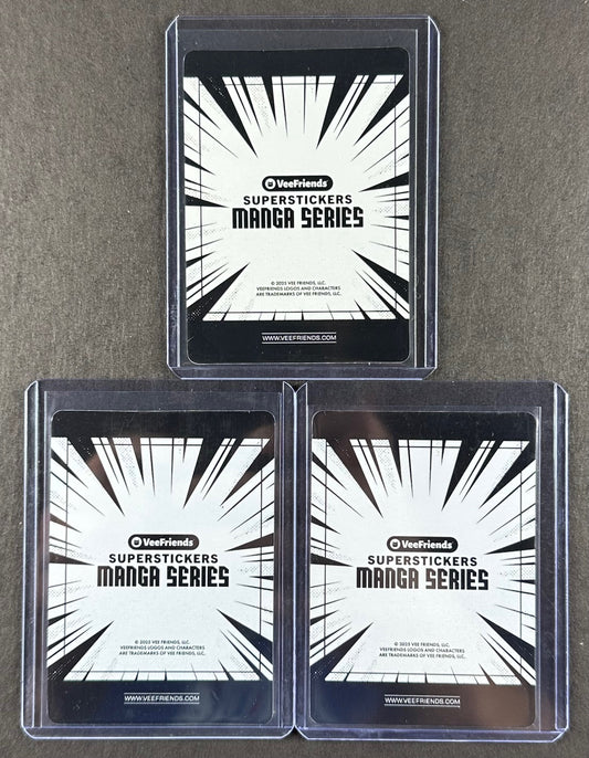 VeeFriends Super Stickers – Considerate Cowboy 3-Card Bundle – Green Splash /99 + Orange Splash /199 + Manga Clouds /399