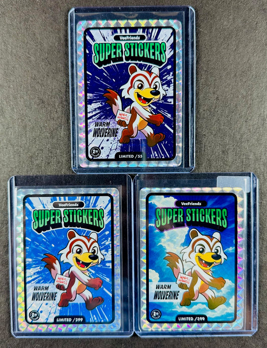VeeFriends Super Stickers – Warm Wolverine 3-Card Bundle – Purple Splash /55 + Blue Splash /299 + Manga Clouds /399