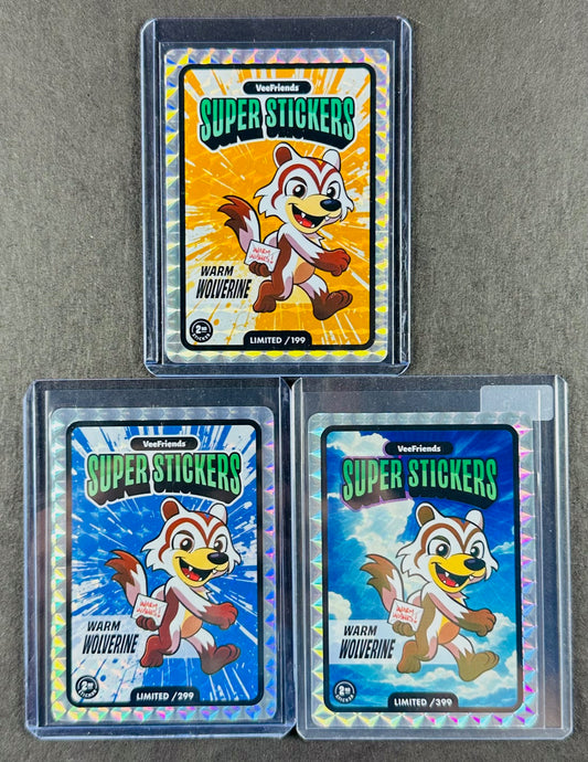 VeeFriends Super Stickers – Warm Wolverine 3-Card Bundle – Orange Splash /199 + Blue Splash /299 + Manga Clouds /399