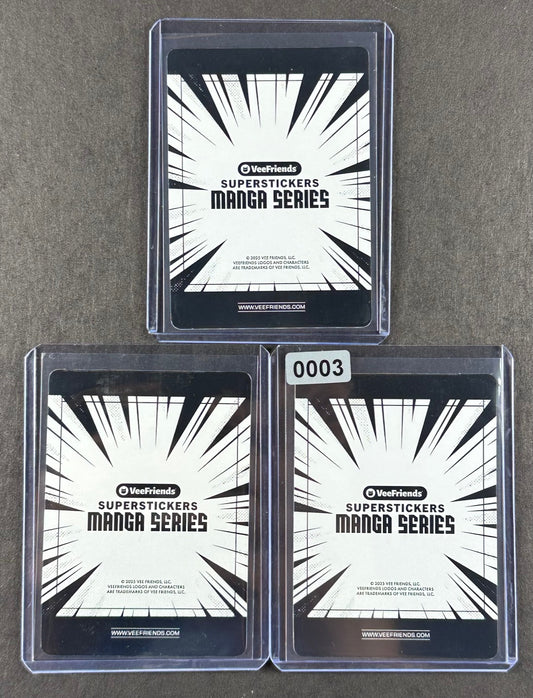 VeeFriends Super Stickers – Eager Eagle 3-Card Bundle – Purple Splash /55 + Blue Splash /299 + Manga Clouds /399