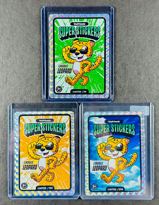 VeeFriends Super Stickers – Likable Leopard 3-Card Bundle – Green Splash /99 + Orange Splash /199 + Manga Clouds /399