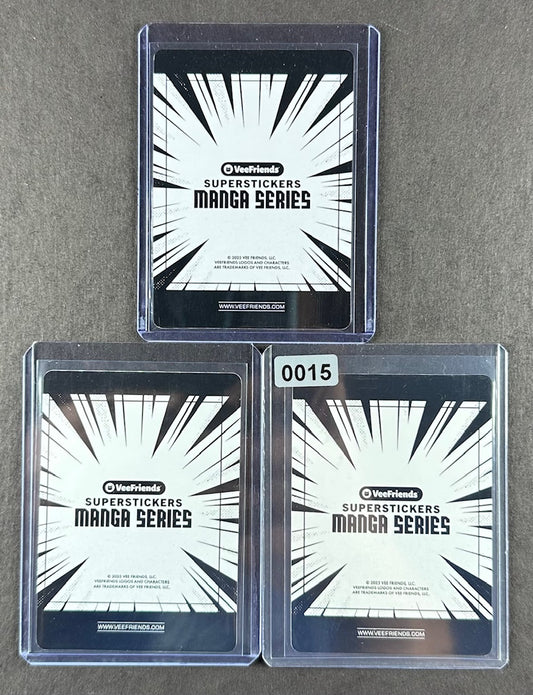 VeeFriends Super Stickers – Likable Leopard 3-Card Bundle – Green Splash /99 + Orange Splash /199 + Manga Clouds /399