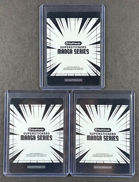 VeeFriends Super Stickers – Gracious Grizzly Bear 3-Card Bundle – Purple Splash /55 + Blue Splash /299 + Manga Clouds /399